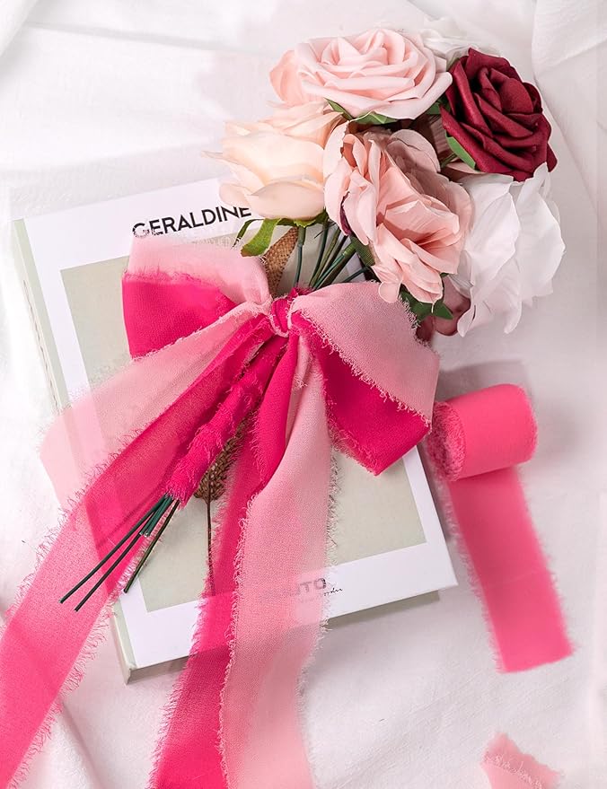 Chiffon Ribbon, Hot Pink Pastel Pink 1.5''x21Yd Frayed Fringe Silk Ribbons for Gift Wrapping, Handmade Decor, Floral Vase, Wedding, Birthday, Engagement, Bridal Shower, Mother's Day, 3 Rolls