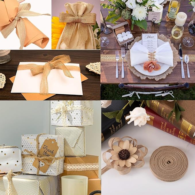 Natural Fine Burlap Ribbon – 10 Meter Roll Rustic Jute Craft Ribbon for Gift Wrapping, DIY Decorations, Handmade Projects