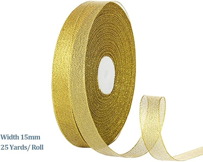 2 Rolls 50 yards Metallic Gold Glitter Ribbons, 5/8 Inch Sparkly Fabric Width Ribbon for Gift Wrapping, crafts, Holiday Wedding Birthday Party Decoration Floral DIY work, (25yards gold ribbon, 2 pack)