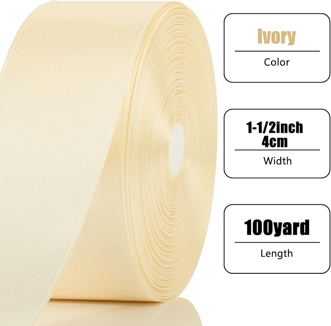 100 Yards Ribbon,1-1/2 Inch Ivory Satin Ribbon,Single Face Satin Ribbons,Perfect for Gift Wrapping,Wedding Decoration,Handmade Bows,Wrapping Bouquet and More