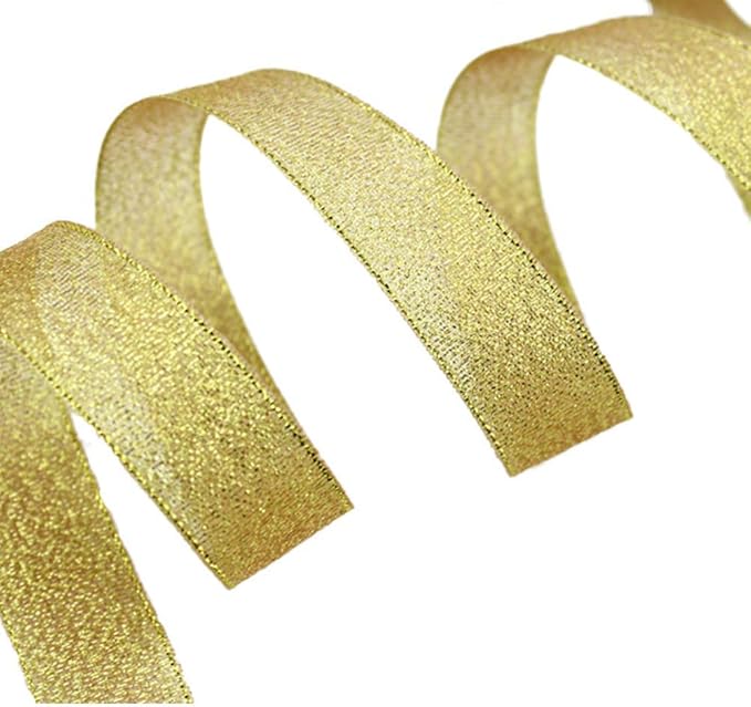 2 Rolls 50 yards Metallic Gold Glitter Ribbons, 5/8 Inch Sparkly Fabric Width Ribbon for Gift Wrapping, crafts, Holiday Wedding Birthday Party Decoration Floral DIY work, (25yards gold ribbon, 2 pack)