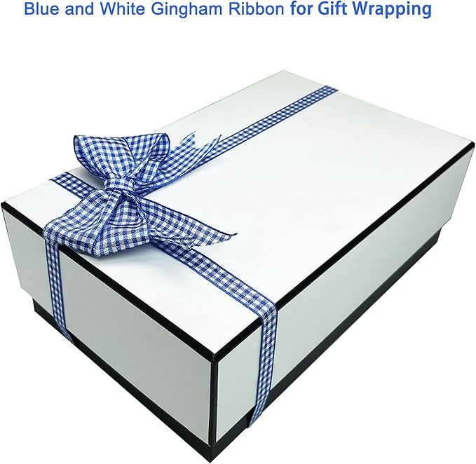 Blue and White Gingham Ribbon, 5/8" x 25Yd Roll Picnic Craft Ribbon Buffalo Ribbons for Crafts Hair Accessories Craft and Christmas Gift Wrapping,5/8 Inch Polyester Woven Edge +60" Tape Measure