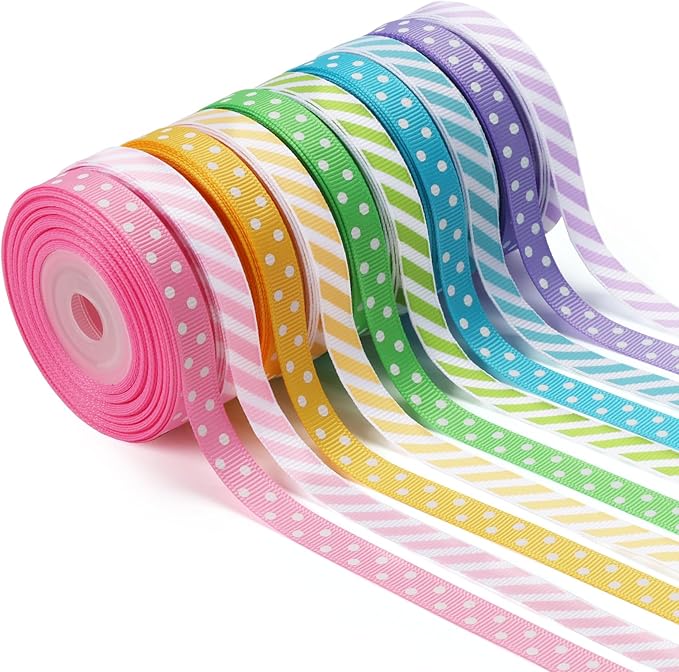 3/8 Inch 100 Yards Grosgrain Ribbon Set 10 Yd/Roll 10 Rolls Striped and Polka Dot Spring Easter Craft Ribbon for Gift Wrapping Floral Bouquets Wedding Party Decoration