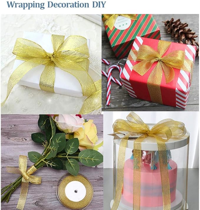 2 Rolls 50 yards Metallic Gold Glitter Ribbons, 5/8 Inch Sparkly Fabric Width Ribbon for Gift Wrapping, crafts, Holiday Wedding Birthday Party Decoration Floral DIY work, (25yards gold ribbon, 2 pack)