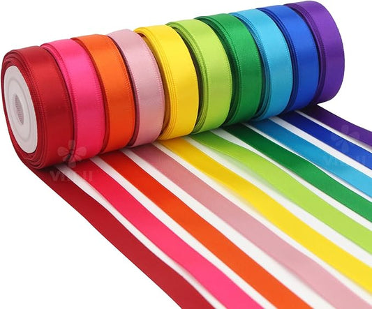 Rainbow Ribbon Solid Color Assortment 10 Colors Double Face Satin Ribbon for Gift Wrapping Happy Birthday Party Decorations, 3/8" X 5 Yard Each Total 50 Yds Per Package
