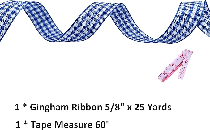 Blue and White Gingham Ribbon, 5/8" x 25Yd Roll Picnic Craft Ribbon Buffalo Ribbons for Crafts Hair Accessories Craft and Christmas Gift Wrapping,5/8 Inch Polyester Woven Edge +60" Tape Measure