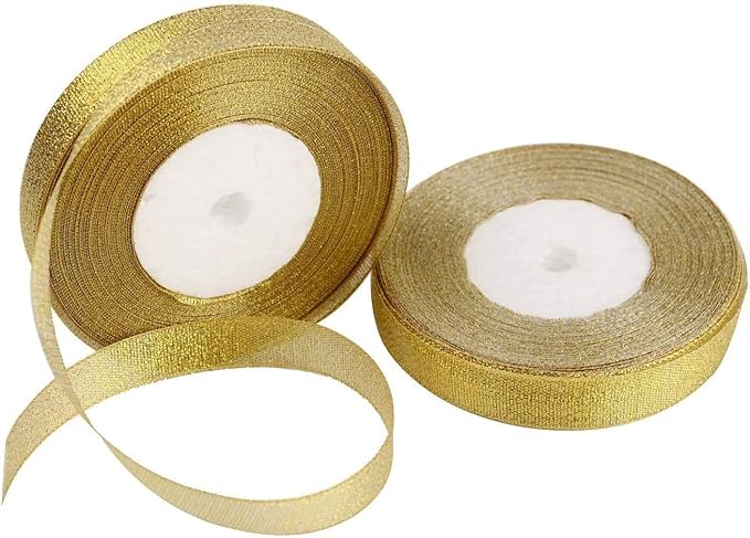 2 Rolls 50 yards Metallic Gold Glitter Ribbons, 5/8 Inch Sparkly Fabric Width Ribbon for Gift Wrapping, crafts, Holiday Wedding Birthday Party Decoration Floral DIY work, (25yards gold ribbon, 2 pack)