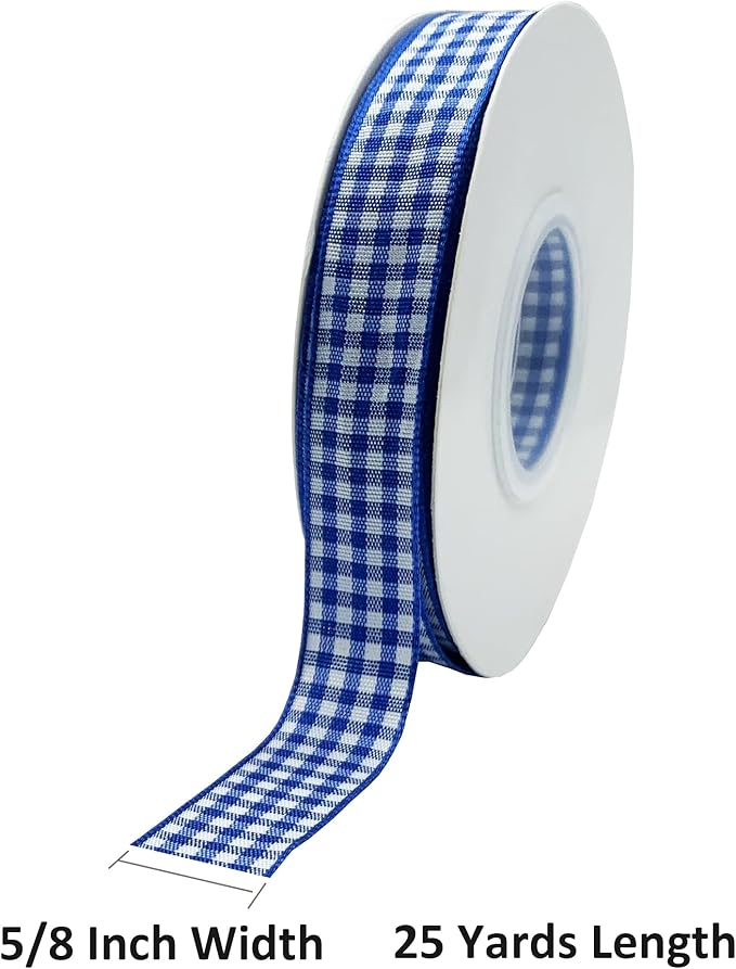 Blue and White Gingham Ribbon, 5/8" x 25Yd Roll Picnic Craft Ribbon Buffalo Ribbons for Crafts Hair Accessories Craft and Christmas Gift Wrapping,5/8 Inch Polyester Woven Edge +60" Tape Measure