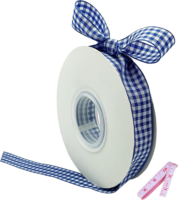 Blue and White Gingham Ribbon, 5/8" x 25Yd Roll Picnic Craft Ribbon Buffalo Ribbons for Crafts Hair Accessories Craft and Christmas Gift Wrapping,5/8 Inch Polyester Woven Edge +60" Tape Measure