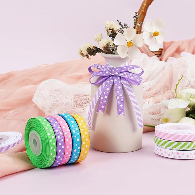 3/8 Inch 100 Yards Grosgrain Ribbon Set 10 Yd/Roll 10 Rolls Striped and Polka Dot Spring Easter Craft Ribbon for Gift Wrapping Floral Bouquets Wedding Party Decoration