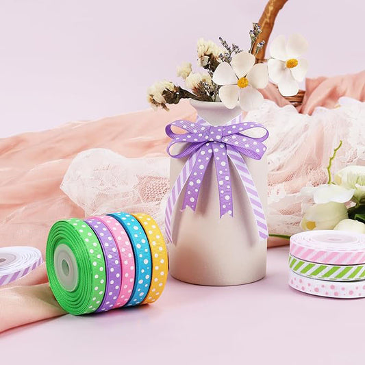 3/8 Inch 100 Yards Grosgrain Ribbon Set 10 Yd/Roll 10 Rolls Striped and Polka Dot Spring Easter Craft Ribbon for Gift Wrapping Floral Bouquets Wedding Party Decoration