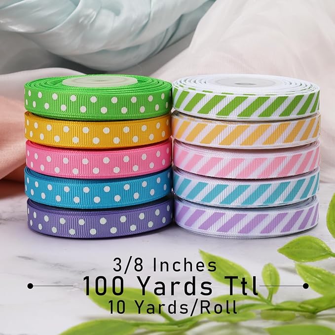 3/8 Inch 100 Yards Grosgrain Ribbon Set 10 Yd/Roll 10 Rolls Striped and Polka Dot Spring Easter Craft Ribbon for Gift Wrapping Floral Bouquets Wedding Party Decoration