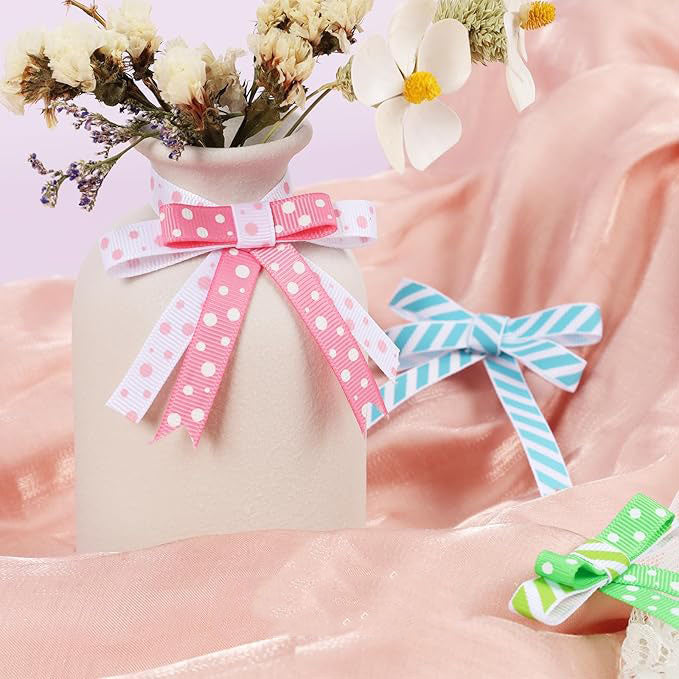 3/8 Inch 100 Yards Grosgrain Ribbon Set 10 Yd/Roll 10 Rolls Striped and Polka Dot Spring Easter Craft Ribbon for Gift Wrapping Floral Bouquets Wedding Party Decoration