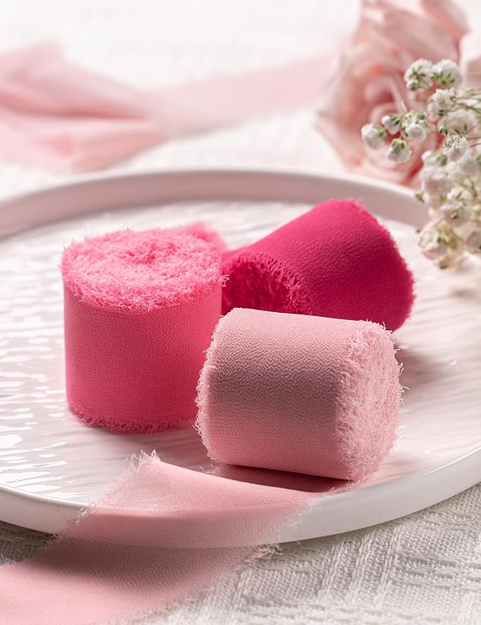 Chiffon Ribbon, Hot Pink Pastel Pink 1.5''x21Yd Frayed Fringe Silk Ribbons for Gift Wrapping, Handmade Decor, Floral Vase, Wedding, Birthday, Engagement, Bridal Shower, Mother's Day, 3 Rolls