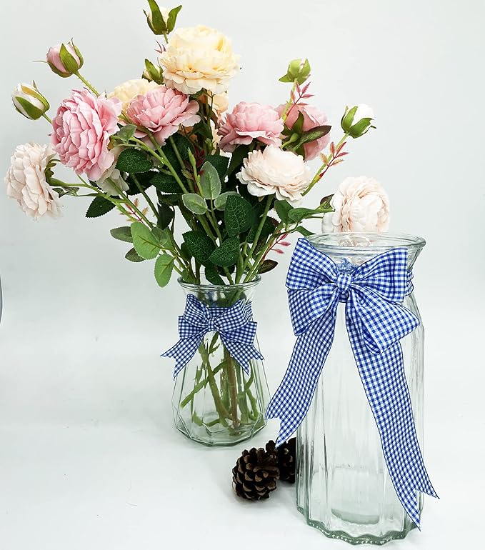 Blue and White Gingham Ribbon, 5/8" x 25Yd Roll Picnic Craft Ribbon Buffalo Ribbons for Crafts Hair Accessories Craft and Christmas Gift Wrapping,5/8 Inch Polyester Woven Edge +60" Tape Measure