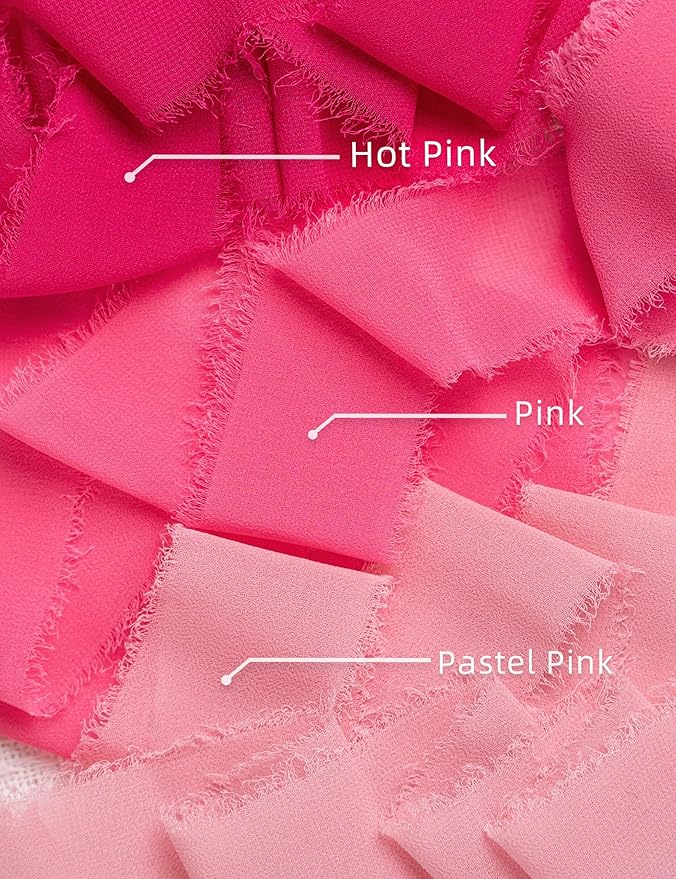 Chiffon Ribbon, Hot Pink Pastel Pink 1.5''x21Yd Frayed Fringe Silk Ribbons for Gift Wrapping, Handmade Decor, Floral Vase, Wedding, Birthday, Engagement, Bridal Shower, Mother's Day, 3 Rolls